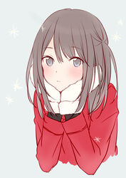  bad_id bad_pixiv_id blue_background brown_hair dress female grey_eyes jacket long_hair mittens original red_dress red_jacket simple_background snow solo teti twintails 