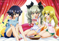  3girls :d absurdres anchovy_(girls_und_panzer) barefoot bed_sheet black_hair blonde_hair blush bow braid brown_eyes candy card carpaccio_(girls_und_panzer) chips_(food) drill_hair food girls_und_panzer green_eyes green_hair hairbow highres long_hair multiple_girls navel nyantype off_shoulder official_art open_mouth pajamas pepperoni_(girls_und_panzer) pillow playing_card playing_games pocky sadakata_kikuko scan seiza short_hair short_shorts shorts side_braid sitting smile star_(symbol) twin_drills twintails wrapped_candy 