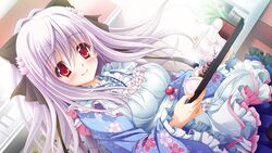  3-nin_iru! blush female food game_cg japanese_clothes kimono long_hair mibuno_suzume purple_hair red_eyes smile suzui_narumi tray 