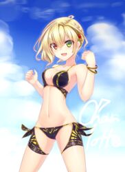  :d absurdres ahoge bare_arms bare_shoulders bikini black_bikini blonde_hair blue_sky bracelet braid breasts character_name charlotte_(shironeko_project) clenched_hand cloud collarbone commentary_request cowboy_shot day female gem green_eyes green_gemstone hair_intakes heterochromia highres jewelry legs_apart looking_at_viewer medium_breasts murasame_shia navel open_mouth red_eyes red_gemstone shironeko_project side_braid sky smile solo stomach strap_gap swimsuit thigh_strap tsurime v-shaped_eyebrows 