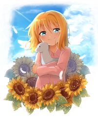  air_(visual_novel) blonde_hair blue_eyes commentary_request dinosaur female flower highres kamio_misuzu pajamas shiime short_hair smile stuffed_toy sunflower 