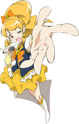  ;d blonde_hair boots bow bowtie brooch commentary_request cure_honey female foreshortening full_body hairbow happinesscharge_precure! heart heart_brooch high_ponytail jewelry knee_boots long_hair magical_girl microphone one_eye_closed oomori_yuuko open_mouth orange_eyes outstretched_hand ponytail precure skirt smile solo standing umanosuke white_background wide_ponytail yellow_skirt yellow_theme 