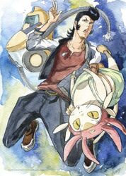  1boy commentary_request dandy_(space_dandy) meow_(space_dandy) painting_(medium) photoshop_(medium) pompadour qt_(space_dandy) robot sideburn004 space_dandy traditional_media watercolor_(medium) 