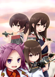  4girls a6m_zero akagi_(kancolle) b5n b6n_tenzan blouse blush breasts brown_eyes brown_hair commentary_request d4y_suisei dress_shirt flat_chest flight_deck headband headgear highres japanese_clothes jun&#039;you_(kancolle) kaga_(kancolle) kantai_collection long_hair magatama multiple_girls muneate open_mouth photoshop_(medium) purple_eyes purple_hair shirt short_hair side_ponytail skirt smile spiked_hair taihou_(kancolle) tsubasa_(abchipika) 