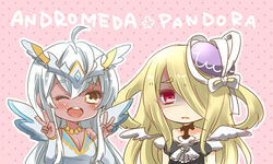  2girls ahoge andromeda_(p&amp;d) bare_shoulders blonde_hair blush breasts cleavage commentary_request double_v hair_over_one_eye hat hoshino_(nia_hoshino) long_hair looking_at_viewer medium_breasts multiple_girls one_eye_closed open_mouth pandora_(p&amp;d) photoshop_(medium) puzzle_&amp;_dragons red_hair smile tan tiara turn_pale v yellow_eyes 