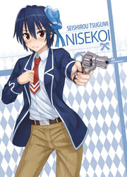  argyle_background artist_name belt blazer blue_hair blush bow brown_eyes character_name commentary_request copyright_name dress_shirt female gun hairbow handgun holding jacket logo long_sleeves mole mole_under_eye necktie nisekoi nose_blush npcpepper outstretched_arm pants photoshop_(medium) revolver shirt short_hair silhouette solo standing tsugumi_seishirou wavy_mouth weapon white_shirt 