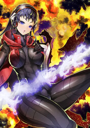  :o alex_(megami_tensei) black_bodysuit black_gloves black_hair blue_eyes bodysuit breasts commentary_request female fire gauntlets gloves headphones headset highres hood hood_down large_breasts latex long_hair looking_at_viewer open_mouth photoshop_(medium) rootdesign shin_megami_tensei shin_megami_tensei:_strange_journey shiny_clothes single_gauntlet skin_tight solo thick_thighs thighs vest 