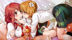  2girls bed blonde_hair couple crying curtains eye_contact flower food green_eyes hair_ornament hand_on_another&#039;s_thigh ice_cream kawai_makoto long_hair lying lying_on_side multiple_girls necktie petal petals pillows pink_eyes pink_hair sakura_trick school_uniform short_hair skirt sonoda_yuu spoon straddling sundae takayama_haruka tears twintails uniform yuri 