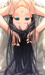  bad_id bad_pixiv_id black_hair blurry collarbone commentary female forehead green_eyes hair_flowing_over highres long_hair looking_at_viewer lying on_back open_mouth original ouri_(aya_pine) solo upside-down 