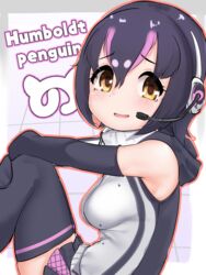  black_gloves black_hair darus5 doughnut eating female food gloves highres humboldt_penguin_(kemono_friends) kemono_friends kemono_friends_v_project looking_at_viewer microphone multicolored_hair shirt short_hair simple_background skirt smile solo virtual_youtuber white_shirt yellow_eyes 