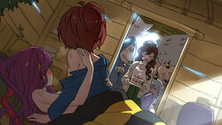  2girls ^_^ birthday_cake blue_shirt blush brown_hair cake closed_eyes dutch_angle food gegege_no_kitarou hair_down highres holding holding_plate indoors inuyama_mana ittan_momen_(gegege_no_kitarou) kitarou konaki_jijii long_hair medama_oyaji meme multiple_boys multiple_girls nekomusume nekomusume_(gegege_no_kitarou_6) nezumi_otoko nurikabe_(character) off_shoulder plate pointy_ears precure_netorare_(meme) purple_hair shirt short_hair silanduqiaocui straight sunakake_babaa_(gegege_no_kitarou) sweatdrop walk-in 