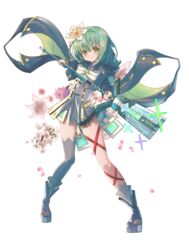  absurdres boots efu_(ehutan) eyes_visible_through_hair female flower geta green_eyes green_hair hair_flower hair_ornament highres holding leg_ribbon long_legs magia_record:_mahou_shoujo_madoka_magica_gaiden magical_girl mahou_shoujo_madoka_magica natsume_kako red_ribbon ribbon solo soul_gem white_flower white_ribbon 