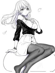  arm_support bare_shoulders blush breasts closed_mouth commentary_request duplicate female floating_hair greyscale hair_between_eyes hand_up large_breasts legs long_hair long_sleeves monochrome no_shoes off-shoulder_sweater off_shoulder original pantyhose petals pixel-perfect_duplicate ririko_(zhuoyandesailaer) saegusa_futaba shirt simple_background sitting skirt sleeveless sleeveless_shirt smile solo sweater thick_eyebrows white_background 