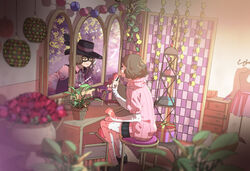  applying_makeup blurry brown_hair cosmetics dagger depth_of_field different_reflection dual_persona female hat indoors knife lipstick lipstick_tube makeup mask mina_(o414) okumura_haru pantyhose persona persona_5 plant polka_dot polka_dot_legwear potted_plant reflection ribbed_sweater short_hair sitting stool sweater wavy_hair weapon white_legwear 