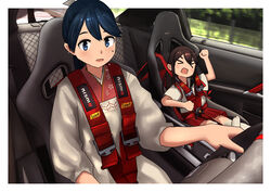  &gt;_&lt; 2girls aged_down akagi_(kancolle) anchor_symbol apron black_hair blue_eyes border car_interior car_seat cowboy_shot driving flying_sweatdrops food hakama hakama_skirt highres houshou_(kancolle) japanese_clothes kantai_collection kappougi kimono long_hair multiple_girls pink_kimono pleated_skirt ponytail red_skirt right-hand_drive seatbelt skirt steering_wheel timmyyen white_border 