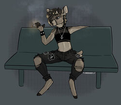  anthro artist_name black_bottomwear black_clothing black_collar black_pants black_topwear bottomwear brown_body brown_fur brown_hair bucklucky cigarette clothed clothing collar cross deer denim denim_bottomwear denim_clothing front_view full-length_portrait fur hair holding_cigarette holding_object inner_ear_fluff jeans jewelry lucky_(bucklucky) male mammal narrowed_eyes necklace new_world_deer open_mouth pants portrait simple_background sitting smoking smoking_cigarette solo spread_legs spreading tan_body tan_fur tan_inner_ear_fluff topwear torn_bottomwear torn_clothing torn_pants trans_(lore) trans_man_(lore) tuft white-tailed_deer 