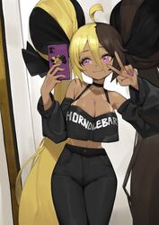  absurdres ahoge aife_(zana) armpit_crease armpits bare_shoulders bikini_tan black_choker black_hair black_pants black_shirt blonde_hair borrowed_character breasts cellphone choker cleavage closed_mouth commentary cowboy_shot crop_top crop_top_overhang dark-skinned_female dark_skin detached_sleeves double_bun female hair_between_eyes hair_bun hair_on_horn hands_up high-waist_pants highres holding impossible_hair large_breasts long_hair long_sleeves midriff multicolored_hair nail_polish navel oerba_yun_fang original pants phone pink_eyes pink_nails romana selfie shirt smile solo split-color_hair standing tan tanlines twintails two-tone_hair v very_long_hair 