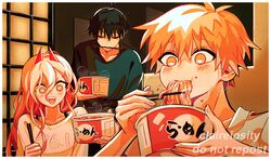  +_+ 2boys artist_name black_hair black_sweater blonde_hair chainsaw_man chopsticks chopsticks_in_mouth claireiosity cup_ramen demon_horns denji_(chainsaw_man) eating female food full_mouth hair_ornament hairclip hayakawa_aki highres horns multiple_boys noodles open_mouth pink_hair power_(chainsaw_man) ramen red_horns sharp_teeth sweater teeth topknot 