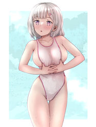  breasts clothes_pull commentary_request competition_swimsuit cowboy_shot day female highres large_breasts looking_at_viewer mashinatsu one-piece_swimsuit one-piece_swimsuit_pull original pink_eyes short_hair sideboob solo standing swimsuit thigh_gap white_hair white_one-piece_swimsuit 