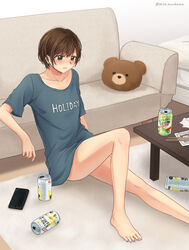  animal-shaped_pillow artist_name bare_legs barefoot beer_can blue_shirt blush brown_hair can cellphone chopsticks collarbone commentary_request commission couch drink_can female green_eyes highres indoors knee_up living_room original phone pillow pixiv_commission setu_kurokawa shirt short_hair short_sleeves sitting smartphone solo t-shirt twitter_username watermark 