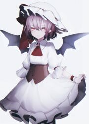  absurdres ascot bat_wings brooch dress expressionless female frilled_dress frills hair_between_eyes hat highres jewelry looking_at_viewer migihidari_(puwako) mob_cap pointy_ears purple_hair red_ascot red_eyes remilia_scarlet short_hair sidelocks simple_background skirt_hold slit_pupils solo standing touhou underbust white_background white_dress white_hat wings wrist_cuffs 