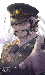  1boy black_hat black_necktie daikoku_(housamo) facial_hair halo halo_behind_head hat highres looking_at_viewer male_focus military_hat moustache multicolored_hair mutton_chops necktie sanwari_(aruji_yume) sideburns signature simple_background smile solo thick_eyebrows tokyo_afterschool_summoners two-tone_hair upper_body 