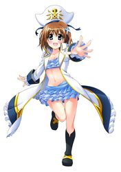  :d bikini black_footwear blue_bikini blue_eyes boots brown_hair coat commentary_request female frilled_bikini frills hair_ornament hat highres leg_up long_coat long_sleeves looking_at_viewer lyrical_nanoha mahou_shoujo_lyrical_nanoha mahou_shoujo_lyrical_nanoha_a&#039;s navel open_mouth pirate_hat reaching reaching_towards_viewer schwertkreuz short_hair simple_background smile solo standing standing_on_one_leg swimsuit white_background white_coat white_hat x_hair_ornament yagami_hayate yorousa_(yoroiusagi) 