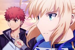  1boy akujiki59 artist_name artoria_pendragon_(fate) blonde_hair blue_eyes close-up cloud cloudy_sky coat collared_coat collared_shirt emiya_shirou fate/stay_night fate_(series) female hand_tattoo looking_to_the_side orange_eyes red_hair saber_(fate) shirt sky spiked_hair sunset t-shirt tattoo twitter_username 