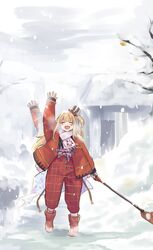  afterimage blonde_hair blush boots breath closed_eyes coat commentary_request facing_viewer female full_body granblue_fantasy highres holding holding_shovel kztk mirin_(granblue_fantasy) official_alternate_costume open_clothes open_coat open_mouth outdoors pants red_coat red_footwear red_pants scarf shovel side_ponytail smile snow snow_shovel solo speed_lines standing tree waving 