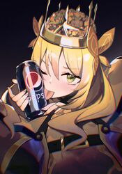  1boy ;p alear_(fire_emblem) alear_(male)_(fire_emblem) belt blonde_hair can celine_(fire_emblem) chromatic_aberration crown dark_background female fire_emblem fire_emblem_engage gradient_background green_eyes highres holding holding_can licking long_hair looking_at_viewer one_eye_closed out_of_frame pepsi pink_nails princess septoleaf sexually_suggestive tongue tongue_out 