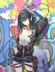  airbrush black_hair blue_eyes breasts cleavage fake_tail female glasses graffiti granblue_fantasy hairband hand_in_pocket illnott_(granblue_fantasy) shorts solo tail ya99ru 