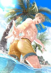  2boys abs ass back bara beach blonde_hair blue_sky cloud day granblue_fantasy highres hinoakimitsu large_pectorals looking_at_viewer male_focus male_swimwear multiple_boys muscular muscular_male nipples official_alternate_costume open_mouth outdoors palm_tree partially_submerged pectorals percival_(granblue_fantasy) percival_(summer)_(granblue_fantasy) short_hair sky smile solo_focus splashing summer thick_thighs thighs topless_male tree twitter_username vane_(granblue_fantasy) vane_(summer)_(granblue_fantasy) water yellow_male_swimwear 