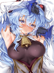  ahoge arm_up armpits bed_sheet bell black_gloves blue_hair blush bodystocking breasts breath cle_masahiro commentary covered_nipples cowbell detached_sleeves eyelashes female from_above ganyu_(genshin_impact) genshin_impact gloves hair_between_eyes heavy_breathing highres horns large_breasts light_blue_hair long_hair looking_at_viewer lying on_back purple_eyes skin_tight solo sweat upper_body 