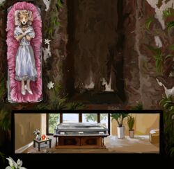  absurd_res anonymous_artist anthro canid canine canis clothing coffin corpse death detailed_background dress funeral hi_res mammal solo wedding_dress wedding_veil wolf 