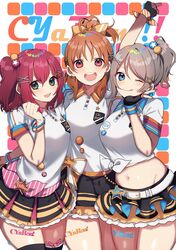  3girls :d :q arm_up belt black_gloves black_legwear black_skirt blue_eyes bow braveheart_coaster brown_hair closed_mouth collared_shirt cyaron!_(love_live!) double_horizontal_stripe earrings fingerless_gloves frilled_skirt frills gloves green_eyes grey_shirt hair_ornament hairbow hakama hakama_skirt half_updo highres idol japanese_clothes jewelry kurosawa_ruby leg_tattoo looking_at_viewer love_live! love_live!_sunshine!! medium_hair microskirt midriff multiple_girls navel open_mouth pleated_skirt polo_shirt red_eyes red_hakama shirasu_uni shirt short_hair short_ponytail short_sleeves side-by-side side_ponytail skirt smile standing star_(symbol) star_earrings star_hair_ornament takami_chika tattoo thighhighs tied_shirt tongue tongue_out watanabe_you white_belt x_hair_ornament 