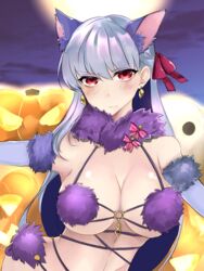  animal_ears bare_shoulders blush bow breasts cleavage closed_mouth commentary cosplay earrings elbow_gloves fate/grand_order fate_(series) female full_moon fur-trimmed_gloves fur_collar fur_trim gloves grey_hair hair_ribbon halloween_costume highres jack-o&#039;-lantern jewelry kama_(fate) kankitsu_kei large_breasts long_hair looking_at_viewer mash_kyrielight mash_kyrielight_(dangerous_beast) mash_kyrielight_(dangerous_beast)_(cosplay) moon night night_sky o-ring pink_bow pink_ribbon purple_gloves red_eyes revealing_clothes ribbon sky solo wolf_ears 