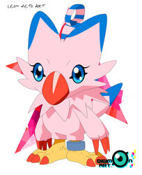  absurd_res avian bandai_namco beak biyomon blue_eyes blue_markings claws digimon digimon_(species) eyelashes feathers hi_res leon_seto_art markings pink_body pink_feathers red_claws ring ring_on_leg signature solo standing toe_claws 