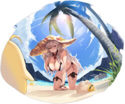  algerie_(azur_lane) algerie_(white_sand_paradise)_(azur_lane) all_fours azur_lane beach bikini bird black_bikini blue_sky blush breasts chick cleavage closed_mouth covered_nipples day detached_collar female flower frilled_bikini frills goggles hand_up hanging_breasts hat hat_flower huge_breasts lens_flare long_hair looking_at_viewer manjuu_(azur_lane) mole mole_on_breast mole_under_eye nail_polish neck_ribbon ocean official_alternate_costume official_art open_mouth outdoors palm_tree purple_eyes red_flower red_nails red_ribbon ribbon sky smile straw_hat sun swimsuit thighs transparent_background tree two-tone_bikini very_long_hair water wet white_bikini white_hair yellow_flower yoshiku_(oden-usagi) 