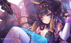  artist_name bad_id bad_pixiv_id bare_shoulders black_gloves black_hair blue_eyes blunt_bangs blush bracelet breasts closed_mouth commentary_request crossed_legs detached_sleeves female gloves glowing gradient_hair holding holding_pen holographic_touchscreen hololive hololive_english jewelry long_hair long_sleeves looking_at_viewer mechanical_hair mitsu_(mitsu_art) mole mole_under_eye multicolored_hair ninomae_ina&#039;nis ninomae_ina&#039;nis_(1st_costume) orange_hair patreon_username pen pointy_ears purple_hair revealing_clothes see-through sidelocks single_thighhigh sitting small_breasts smile solo tentacle tentacle_hair thighhighs virtual_youtuber white_thighhighs 