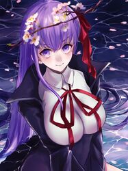  bb_(fate) bb_(fate/extra) black_coat branch breasts cherry_blossoms closed_mouth coat collared_shirt commentary fate/extra fate/extra_ccc fate/grand_order fate_(series) female flower hair_between_eyes hair_ribbon high_collar large_breasts long_hair long_sleeves looking_at_viewer mine_suto_rongu neck_ribbon on_liquid petals pink_flower purple_eyes purple_hair red_ribbon ribbon shirt sitting smile solo water white_shirt 