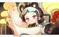  2022_winter_olympics animal_ears animal_hands barefoot bing_dwen_dwen blush brown_fur brown_hair chewing claws eyewear_on_head feet female food food_on_face foot_focus highres holding holding_food lantern legs_up lolicon looking_at_viewer olympics panda_ears panda_girl paper_lantern personification purple_eyes see-through see-through_legwear soles solo sports_sunglasses sunglasses tanghulu tianliang_duohe_fangdongye toes transparent_footwear 