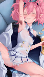  absurdres ahoge arm_up bad_id bad_pixiv_id blue_archive blue_necktie breasts chips_(food) closed_eyes collared_dress dress fangs female food gueya highres holding holding_food horns jacket licking licking_armpit loose_socks lying medium_hair momoka_(blue_archive) multicolored_clothes multicolored_jacket necktie on_back panties pink_hair pointy_ears saliva saliva_trail sleeveless sleeveless_dress small_breasts socks spread_legs tongue twintails underwear 