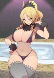  bare_arms bare_shoulders bikini black_bikini blonde_hair blurry blurry_background breasts christina_(princess_connect!) cleavage closed_mouth commentary_request covered_nipples crossed_legs female fur_bracelet fur_collar grey_thighhighs hair_ornament hand_on_own_hip highres large_breasts long_hair nac000 navel ponytail princess_connect! seductive_smile sidelocks sitting smile solo split_mouth strap_pull swimsuit thighhighs tile_wall tiles wavy_hair yellow_eyes 