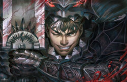  1boy armor berserk berserker_armor blood blood_on_weapon brown_eyes brown_hair chipped_sword dragonslayer_(sword) full_armor gauntlets glowing grin guts_(berserk) helmet holding holding_sword holding_weapon looking_at_viewer male_focus multicolored_hair one_eye_closed portrait smile solo straight-on sword two-tone_hair weapon white_hair xinillus 