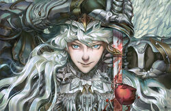  1boy arm_up armor behelit berserk blood blood_on_weapon blue_eyes feathered_wings full_armor gauntlets griffith_(berserk) hair_between_eyes helmet holding holding_sword holding_weapon long_hair looking_at_viewer male_focus portrait smile solo straight-on sword wavy_hair weapon white_hair white_wings wings xinillus 