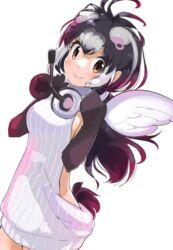  absurdres african_penguin_(kemono_friends) animal_ears black_eyes black_gloves black_hair female gloves highres iwa_(iwafish) kemono_friends kemono_friends_v_project long_hair looking_at_viewer multicolored_hair necktie shirt shoes simple_background skirt smile solo tail virtual_youtuber white_shirt 