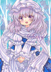  :d apron bare_tree blue_background blue_shirt blue_skirt blush female frilled_apron frilled_scarf frilled_shirt_collar frilled_sleeves frills hat head_tilt juliet_sleeves letty_whiterock light_purple_hair long_sleeves looking_at_viewer marker_(medium) medium_hair mob_cap open_mouth puffy_sleeves purple_eyes rui_(sugar3) sample_watermark scarf shirt skirt smile snowflakes solo too_many too_many_frills touhou traditional_media tree waist_apron watermark white_hat white_scarf 