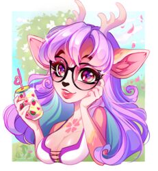  2021 5_fingers anthro antlers breasts clothed clothing deer digital_media_(artwork) female fingers hair horn looking_at_viewer mammal pacevanrign purple_eyes purple_hair smile solo 