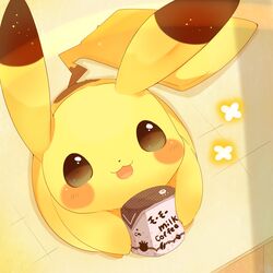  :3 blush_stickers brown_eyes coffee_milk commentary_request drink from_above happy highres holding holding_drink looking_up milk milk_carton no_humans open_mouth pikachu pokemon pokemon_(creature) smile solo ushiina 