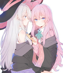  2girls absurdres ahoge bare_shoulders black_headwear black_robe black_skirt blue_bow blue_eyes blush bow closed_mouth colored_eyelashes commentary_request elaina_(majo_no_tabitabi) grey_hair hair_between_eyes hat highres houki_(majo_no_tabitabi) jacket lionet0806 long_hair long_sleeves majo_no_tabitabi multiple_girls off_shoulder open_clothes open_robe pink_hair pink_jacket pleated_skirt profile robe shirt simple_background skirt sleeveless sleeveless_shirt smile very_long_hair white_background white_shirt wide_sleeves witch_hat yellow_bow yuri 